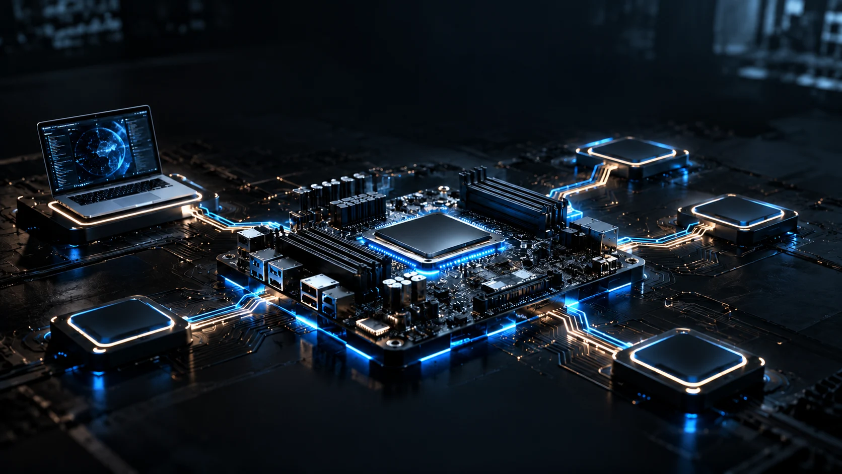 Conceptual Ghost Board: one generic laptop connected to blue circuitry, with empty platforms for future equipment.