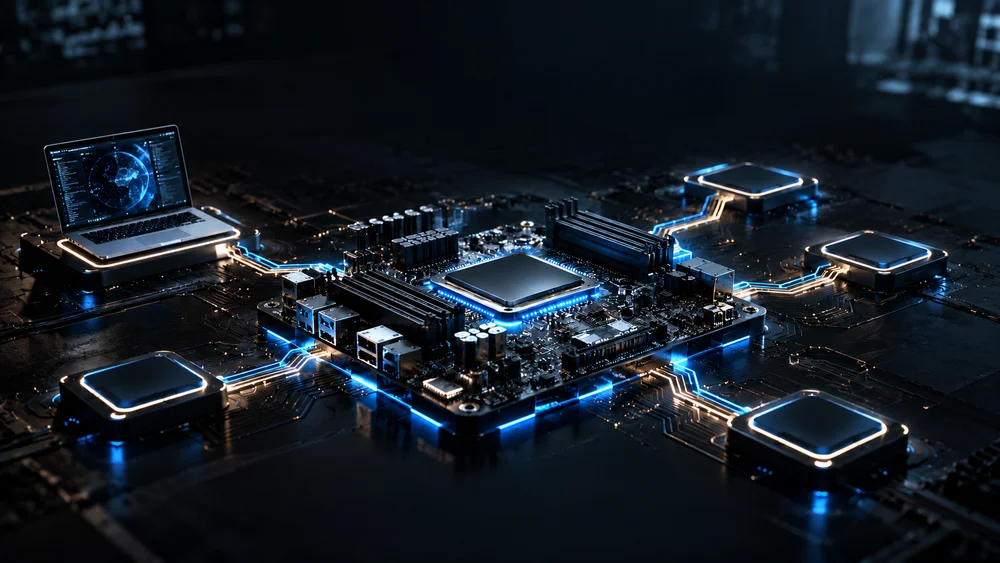 Ghost Board concept showing a laptop, central motherboard and unfilled future equipment connections.
